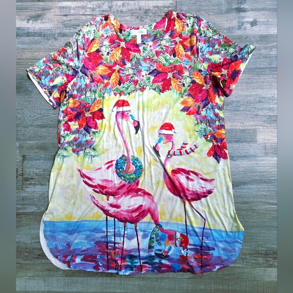 Flamingo Print Women's Short Sleeve Tunic - Picture 1 of 5